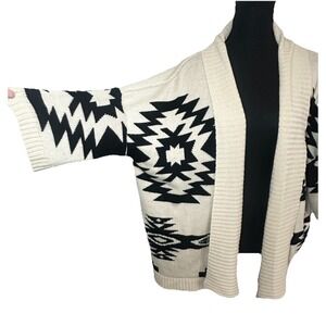 Iris Cardigan Mohair Blend Aztec Tribal Southwest‎ Beige Black Sweater MED